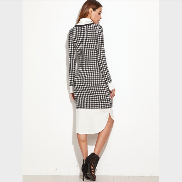 New! Houndstooth Contrast Curved Hem Shirt Dress - Picture 4 of 6
